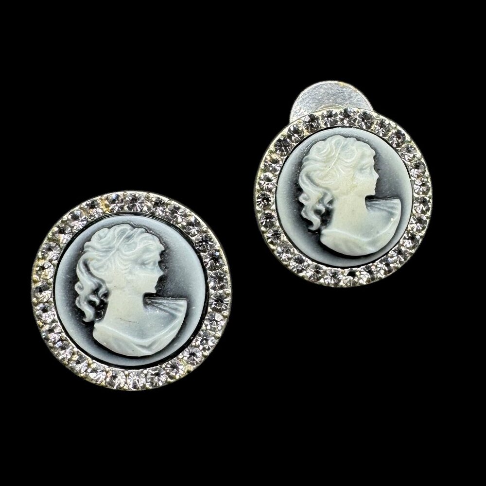 Vintage Pierced Earrings Cameo Silver Tone and Black Clear Stones *READ*
